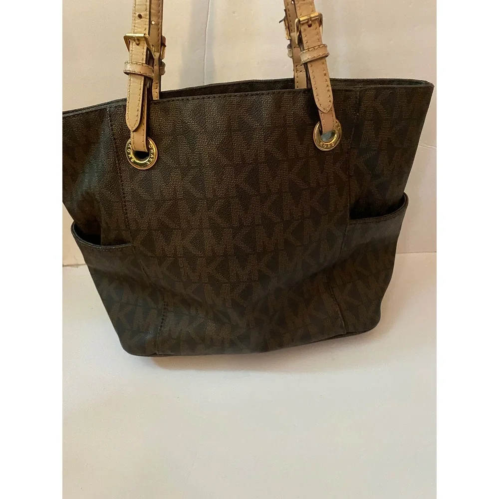 Michael Kors Jet Set Travel Tote Bag Brown Signature Logo MK Gold Hardware